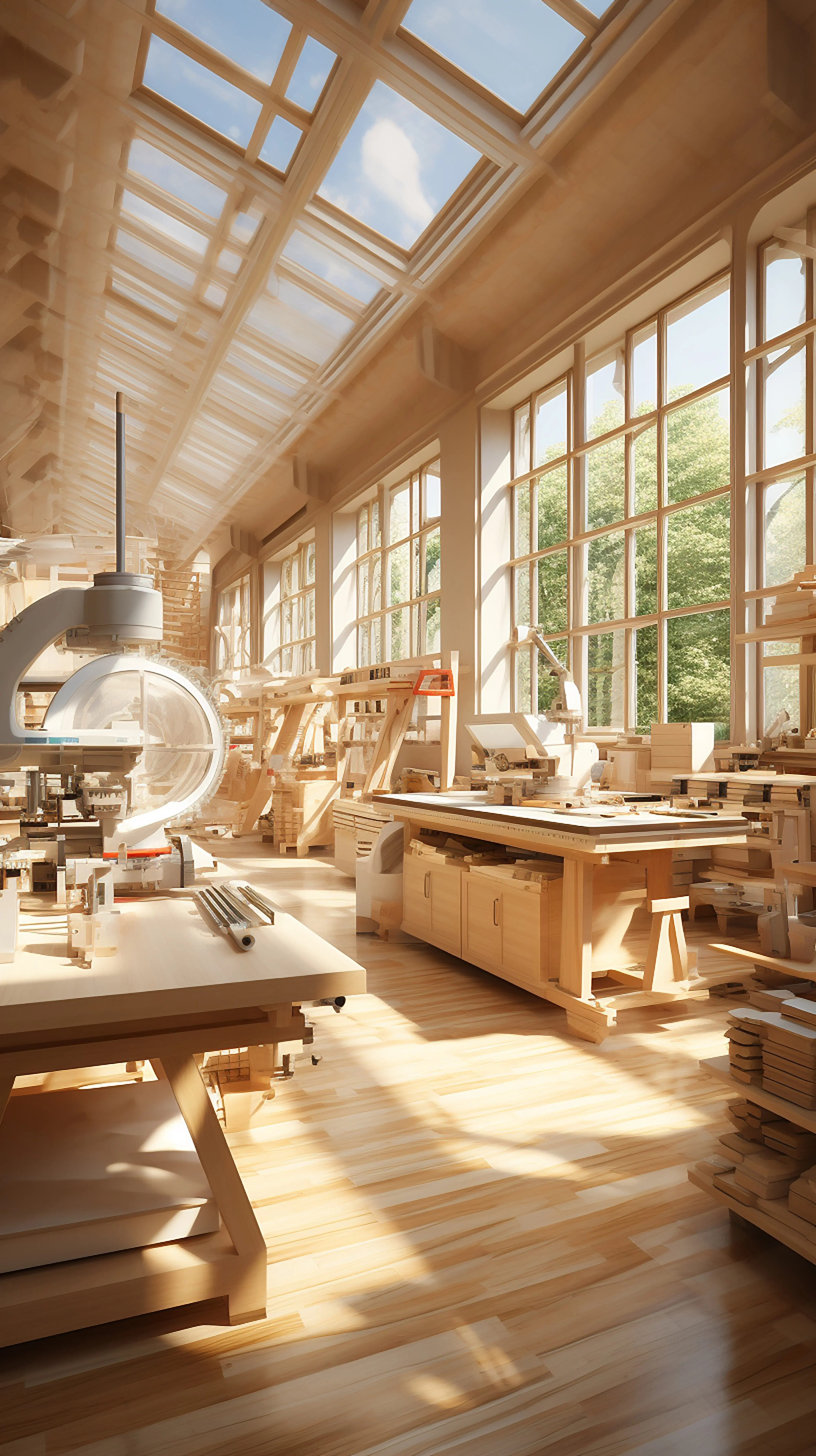 Ein Raum, der viele Werkzeuge enthält und ein großes Fenster hat.