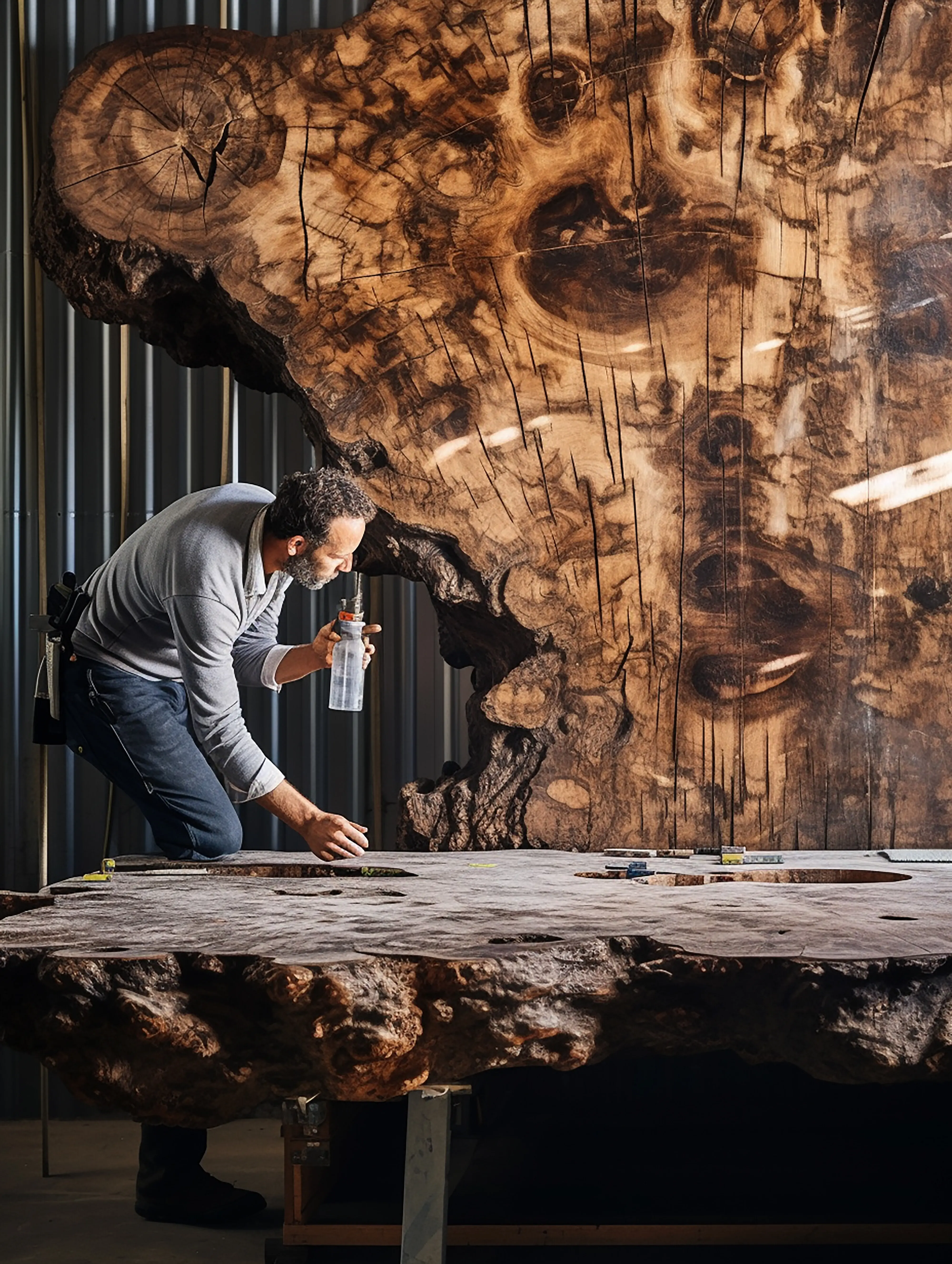 Ein Mann steht vor einem großen Stück Holz mit einem großen Baum darauf.